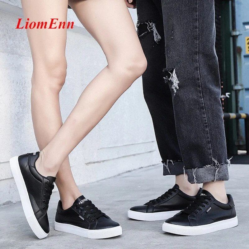 Leather Women's Shoes 2021 Spring White Black Sneakers Women Sport Shoes Flats Tennis Casual Men vulcanize Shoe Large Size 35-44