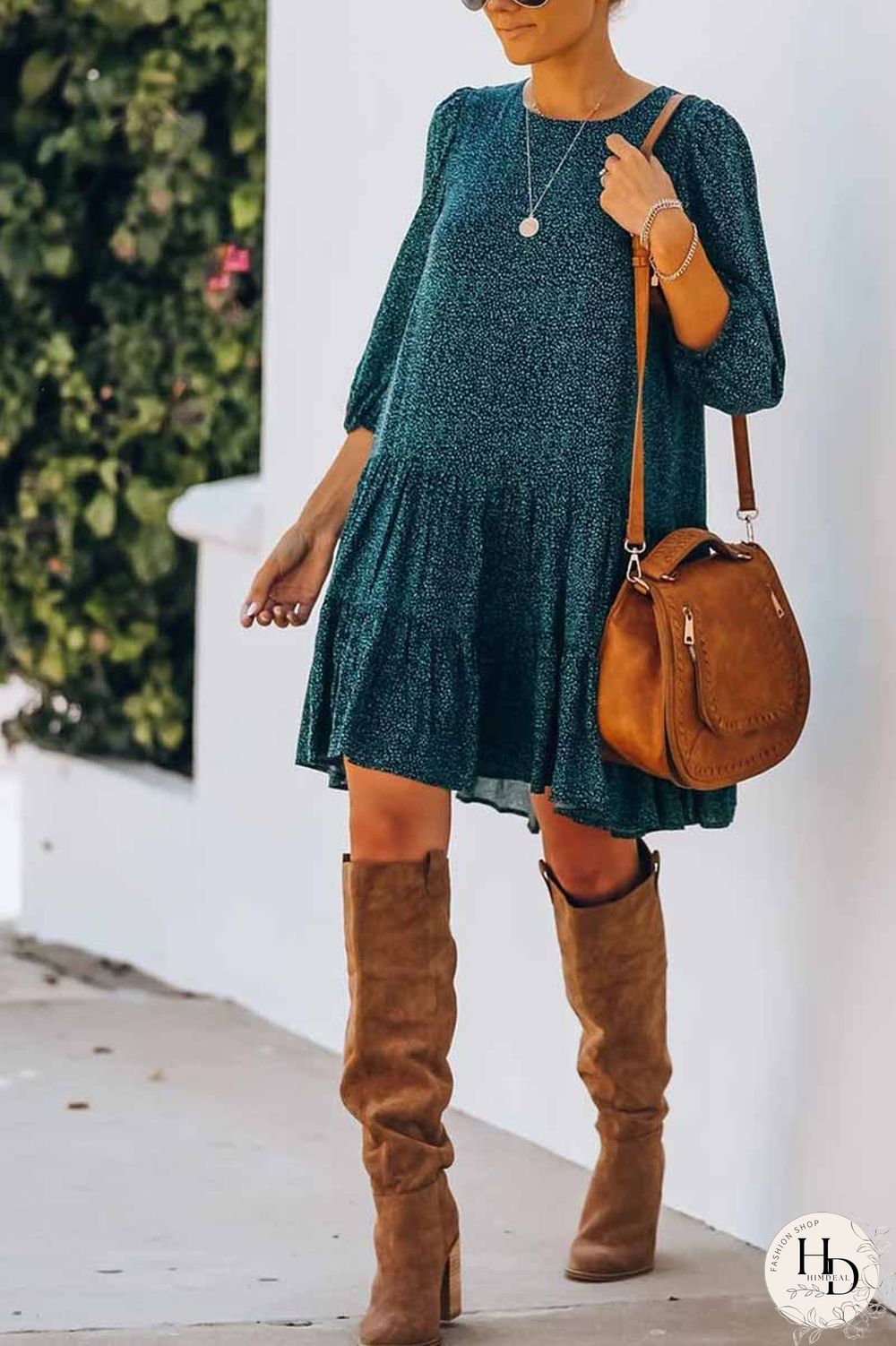 Printed Slit Foam Sleeves Mini Dress