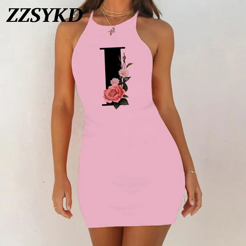 26 English Alphabet Print Summer Sexy Clothes Women Dresses 2020 Plus Size Dress Bodycon Evening Party O-Neck Pink Mini Vestidos