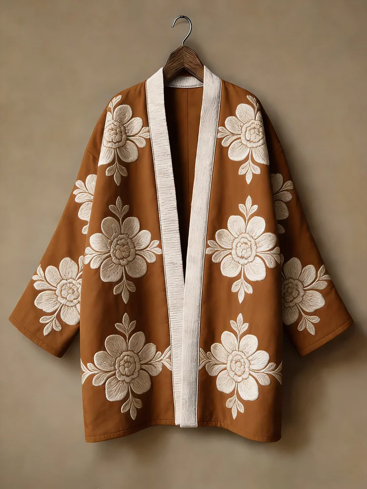 Flannel embroidered printed medium and long kimono cardigan