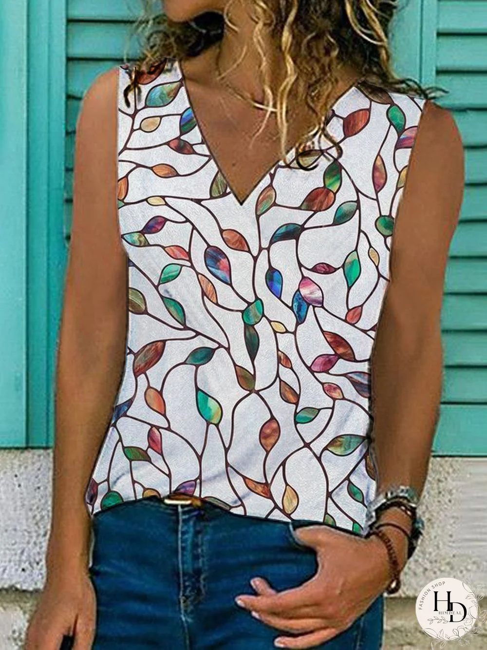 Leaves Sleeveless Printed Cotton-blend V neck Vintage Summer White Top