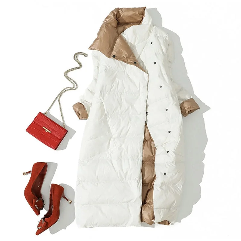 FTLZZ Women Double Side Long Jacket Winter Ultra Light White Duck Down Parka Breasted Plus Size 3xl Female Outwear