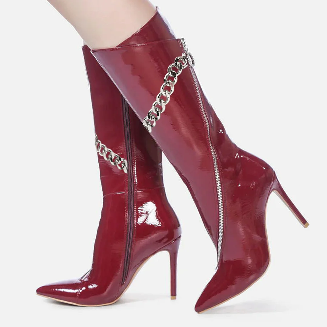Burgundy Pointed Toe Stiletto Heel Mid-Calf Boots with Chain Decor Nicepairs