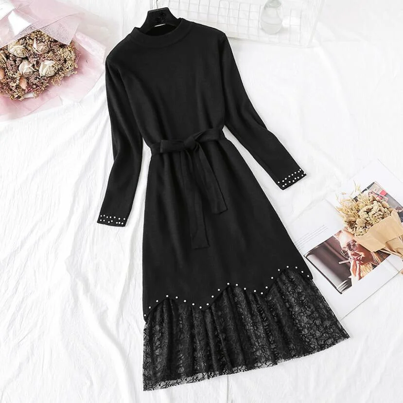 2020 New Autumn winter Knitted dress Women Casual Long Sleeve Sweater Tops + Lace Gauze Skirt Two Piece Suit Bandage Dress