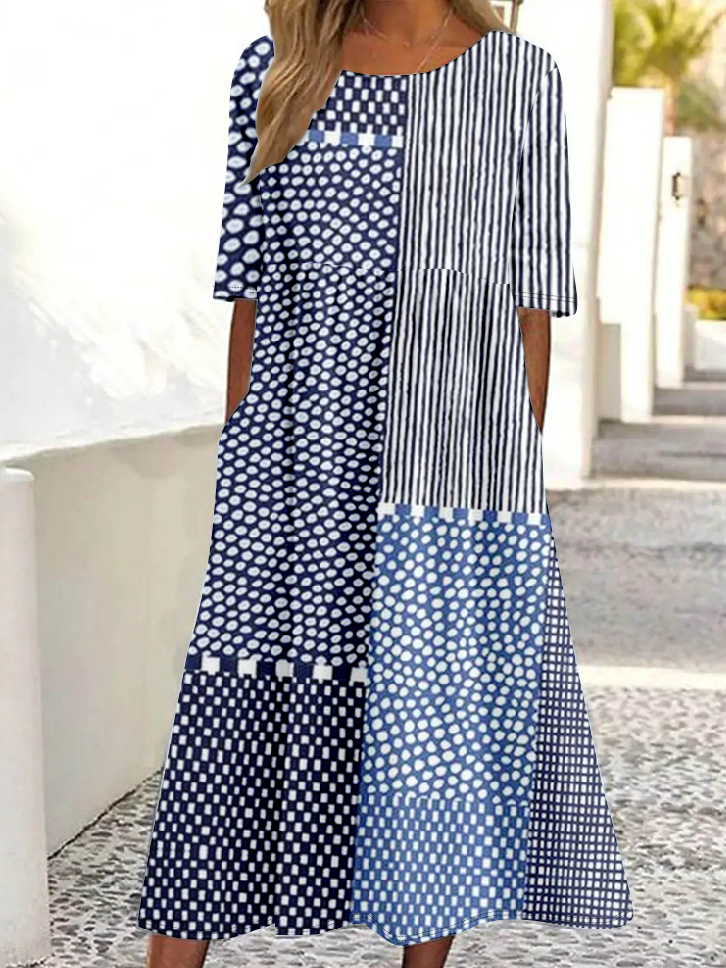 Vintage Japanese Art Print Crew Neck Pocket Midi Dress