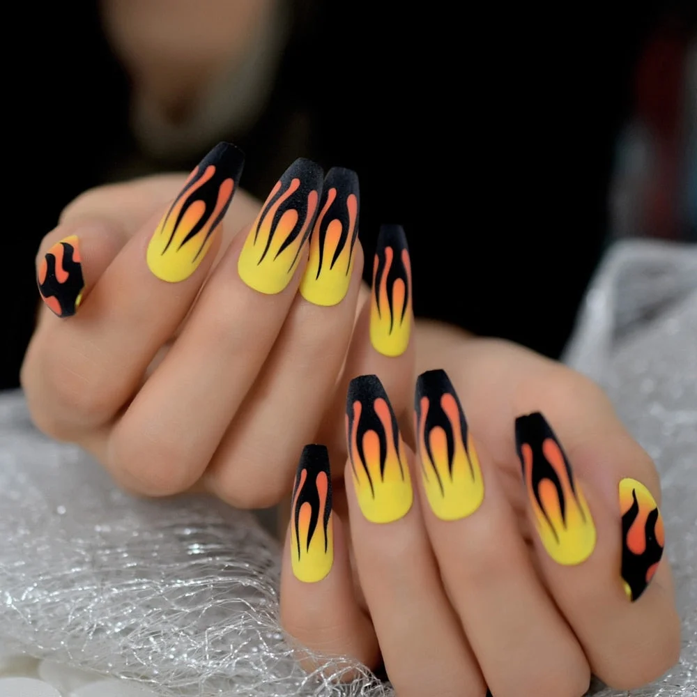 Yellow Orange Ombre Faux Ongles Fire Matte Black Flame Fake Nails Extra Long Coffin Shape Ladies Fingernails 24-Nail Inspo