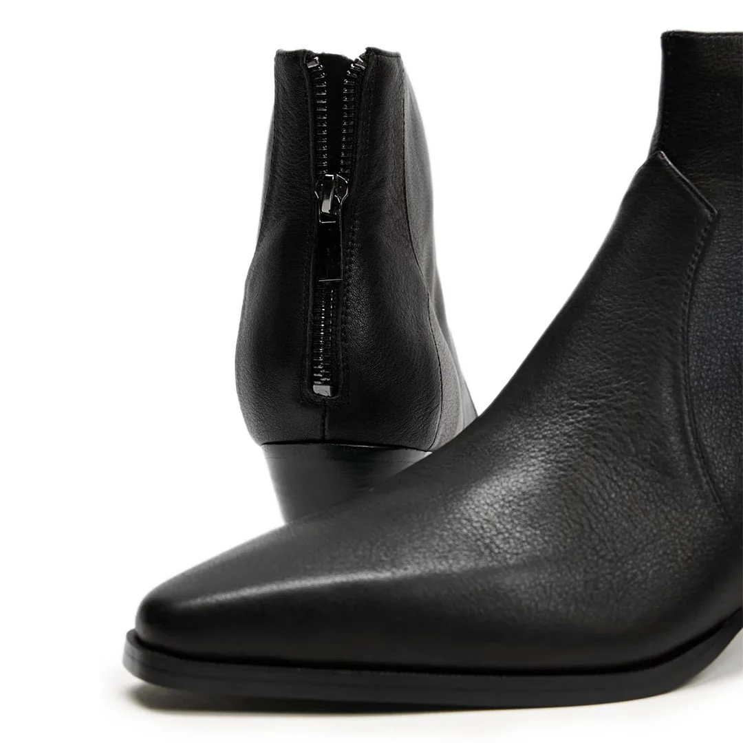 Snip Toe Vegan Leather Back-Zip Block Heel Black Ankle Booties