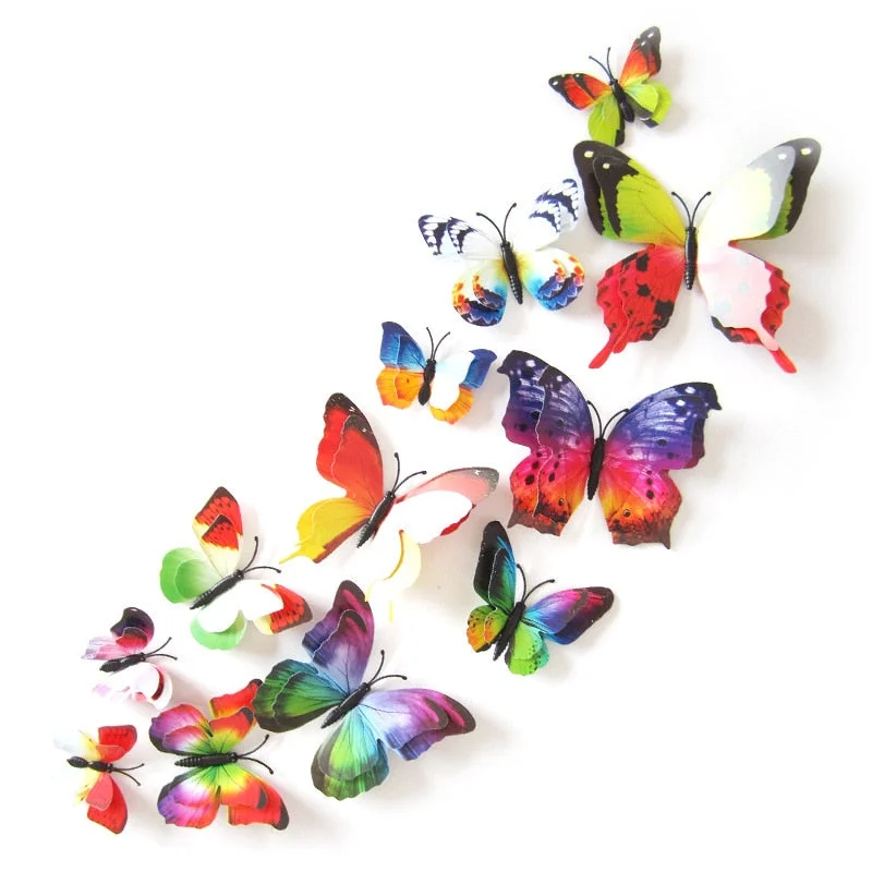 12pcs Wall Stickers Set 3D Butterfly Colorful Double Layers Wall Stickers on the Wall for Party Decoration Waterproof Material