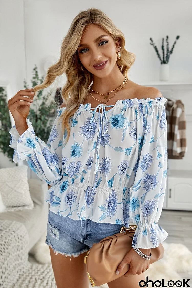 New Sky Blue Floral Print Off the Shoulder Blouse