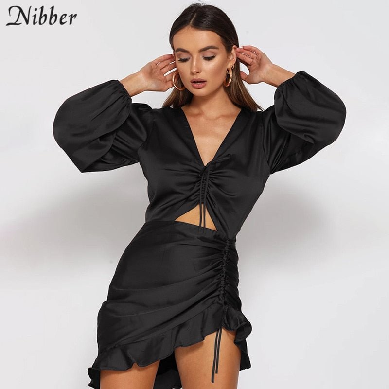 Nibber autumn sexy hollow Ruffled chiffon dress women 2019stretch Slim Soft Elegant pure street casual black Pleated dress mujer