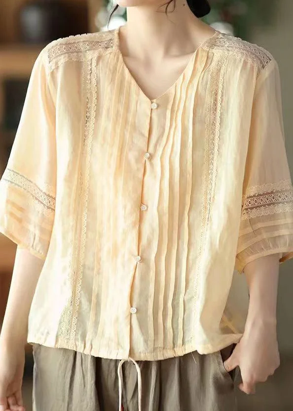 Light Yellow Patchwork Linen Shirt V Neck Lace Button Summer