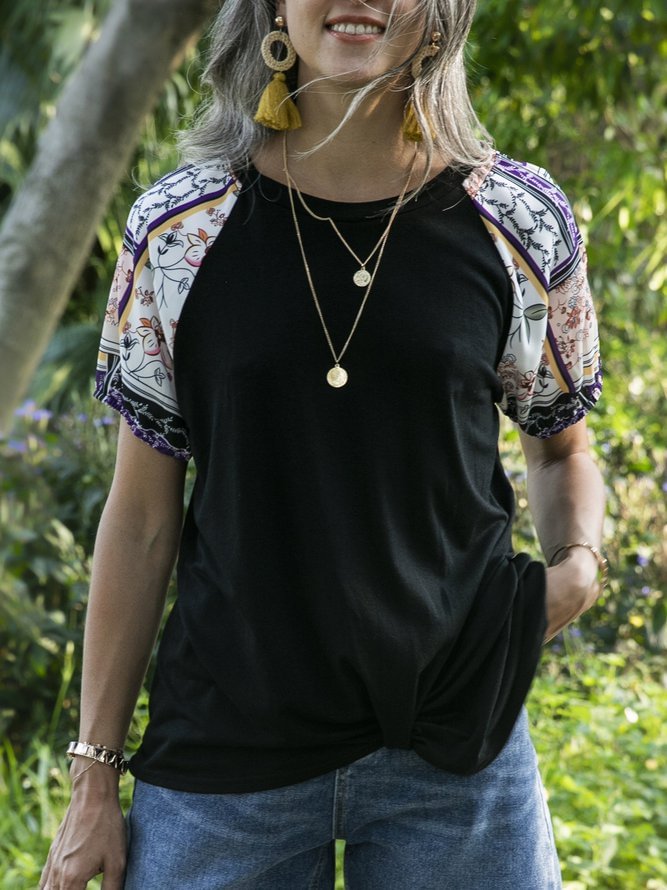 Black Short Sleeve Cotton Floral Shift Shirts & Tops Zaesvini
