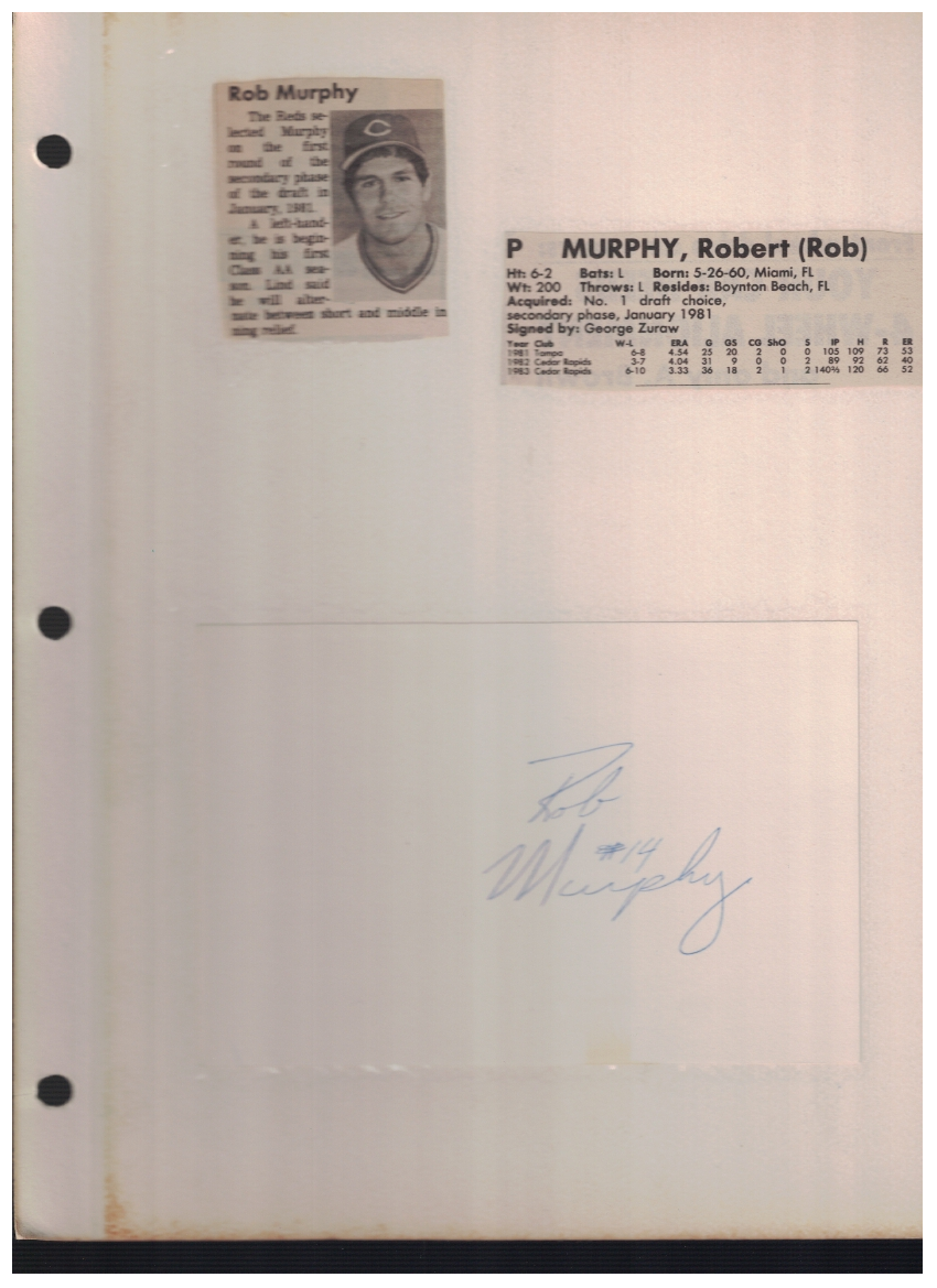 Rob Murphy 1984 Vermont Reds Big Index Card Display Signed W/Our COA