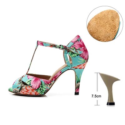 VCshoes Woman Latin Ballroom Flower Print Dance Shoes Silk Stain Suede Sole Jazz Salsa Cuban Slim Heels Ladies Open Toes Stiletto