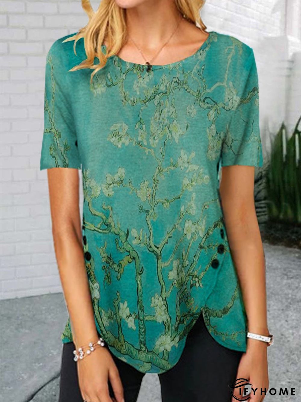 Floral-Print Polyester Cotton Short Sleeve T-shirt | IFYHOME