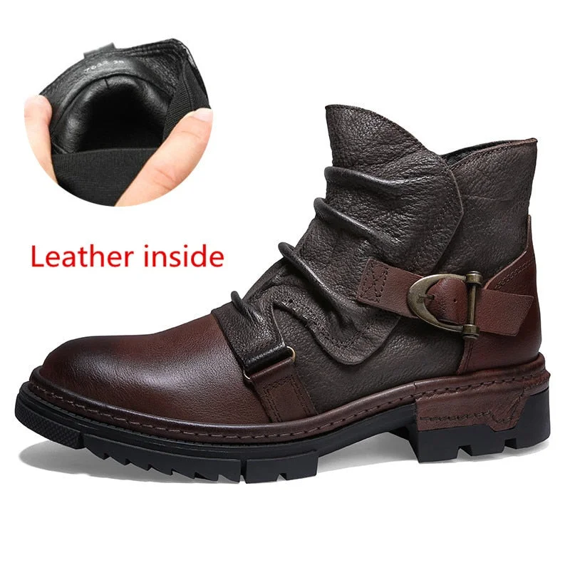 Retro Wrinkle 100% Genuine Leather Mens Chelsea Boots Original Designer Waterproof Ankle Boots Monk Strap Men Shoes Oxfords
