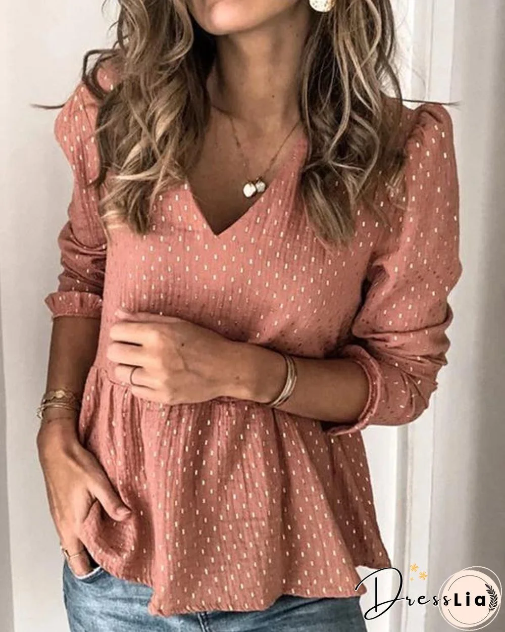 V Neck Polka Dots Long Sleeve Holiday Blouses