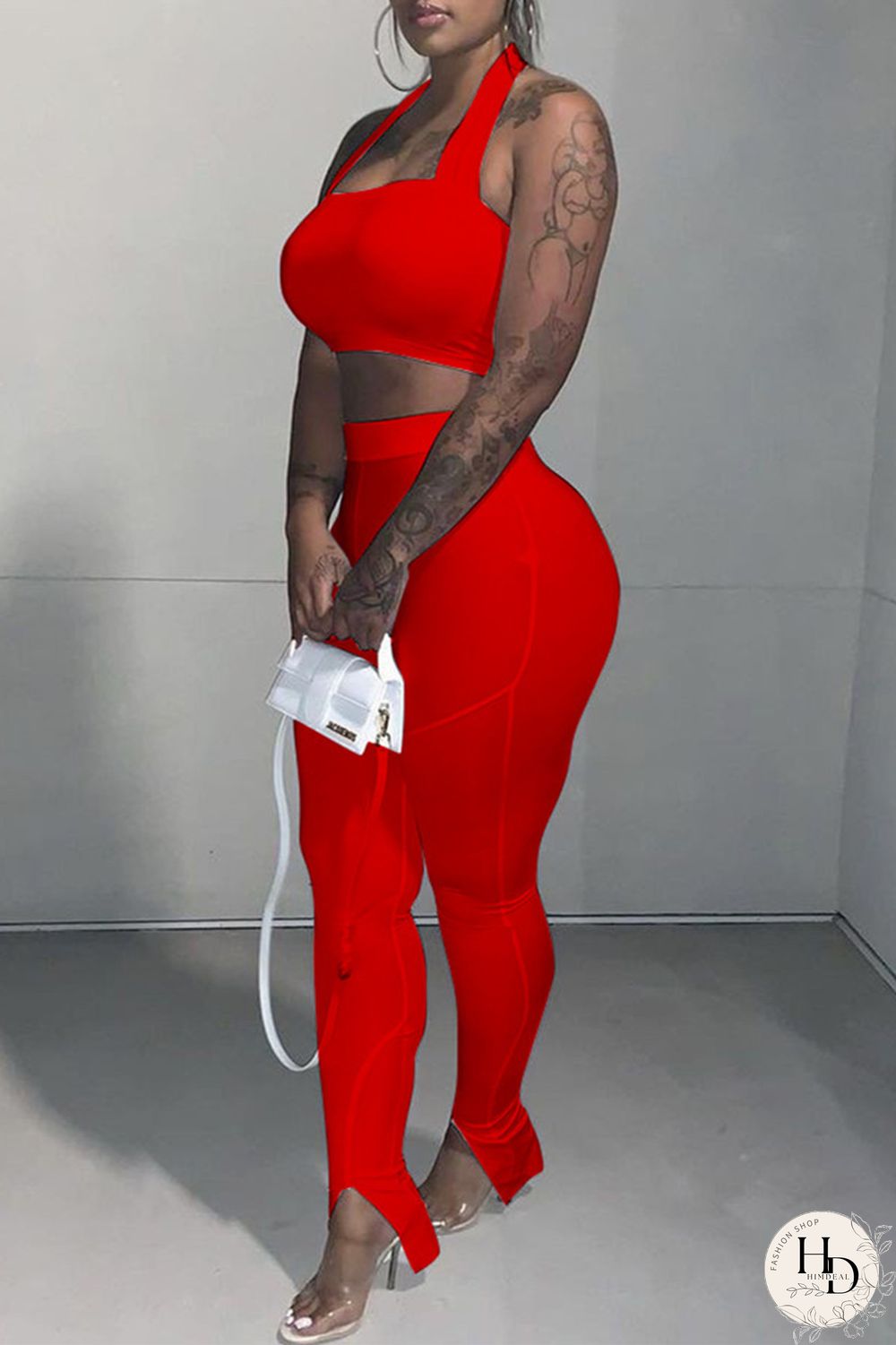 Red Sexy Casual Solid Backless Halter Sleeveless Two Pieces