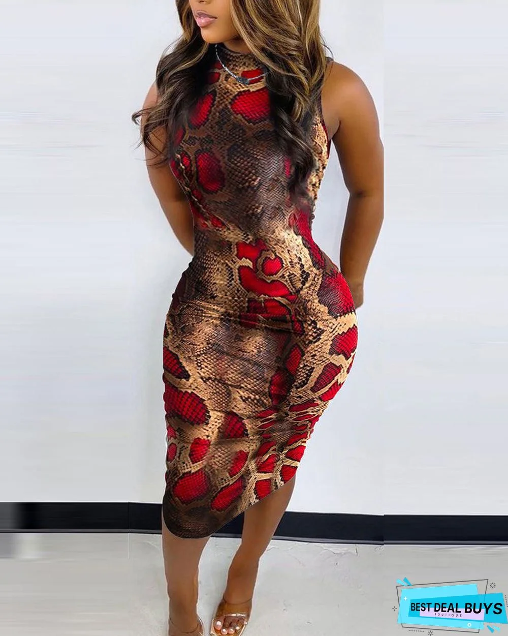 Sleeveless Print Dress Slim Fit Pullover Round Neck Medium Length Dress