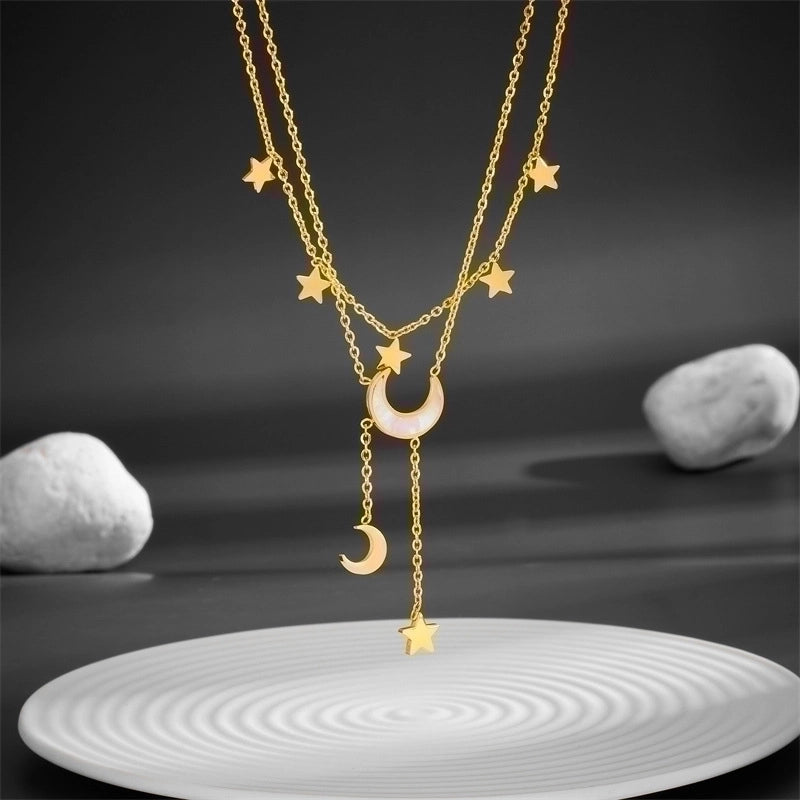 Titanium Steel 18K Gold Plated Sweet Minimalist Plating Inlay Star Moon Butterfly Acrylic Layered Necklaces