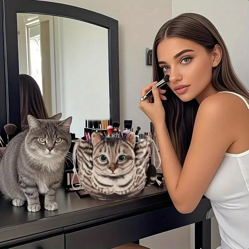 9 modelli di borse per cosmetici con coulisse a forma di gatto - borsa per cosmetici con faccia di gatto soriano 3D, borsa da viaggio in tessuto non tessuto resistente, regalo multicolore per gli amanti dei gatti (Natale, compleanno, San Valentino), design interessante, dettagli del prodotto della borsa per cosmetici con colori abbinati 6