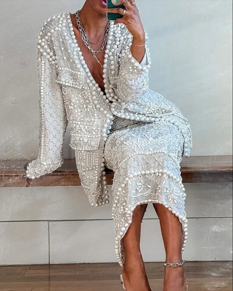 Women's Long Sleeve Pearl Embroidered Sequin Two Piece Set