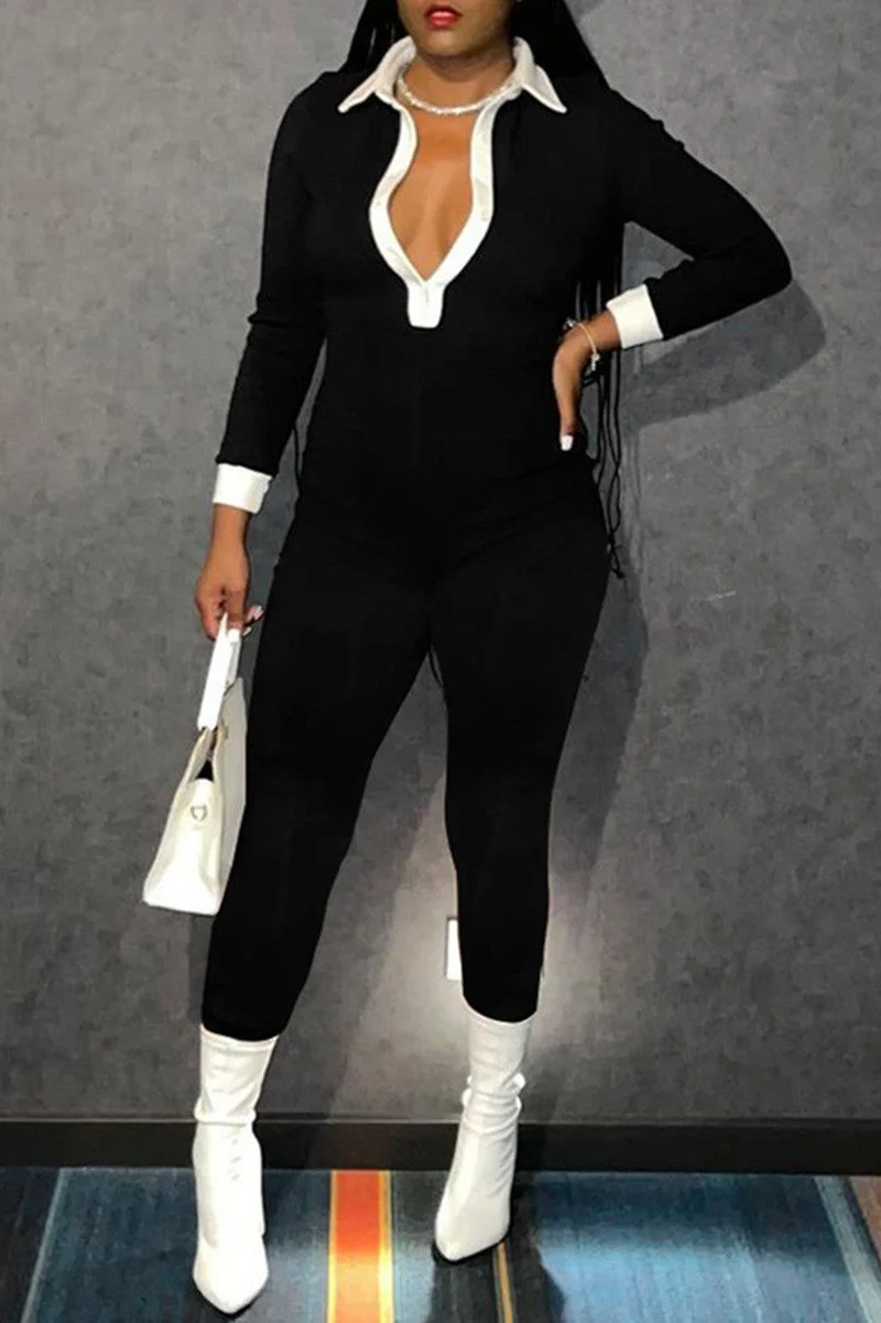 Fashion Casual Solid Split Joint V Neck Skinny Jumpsuits