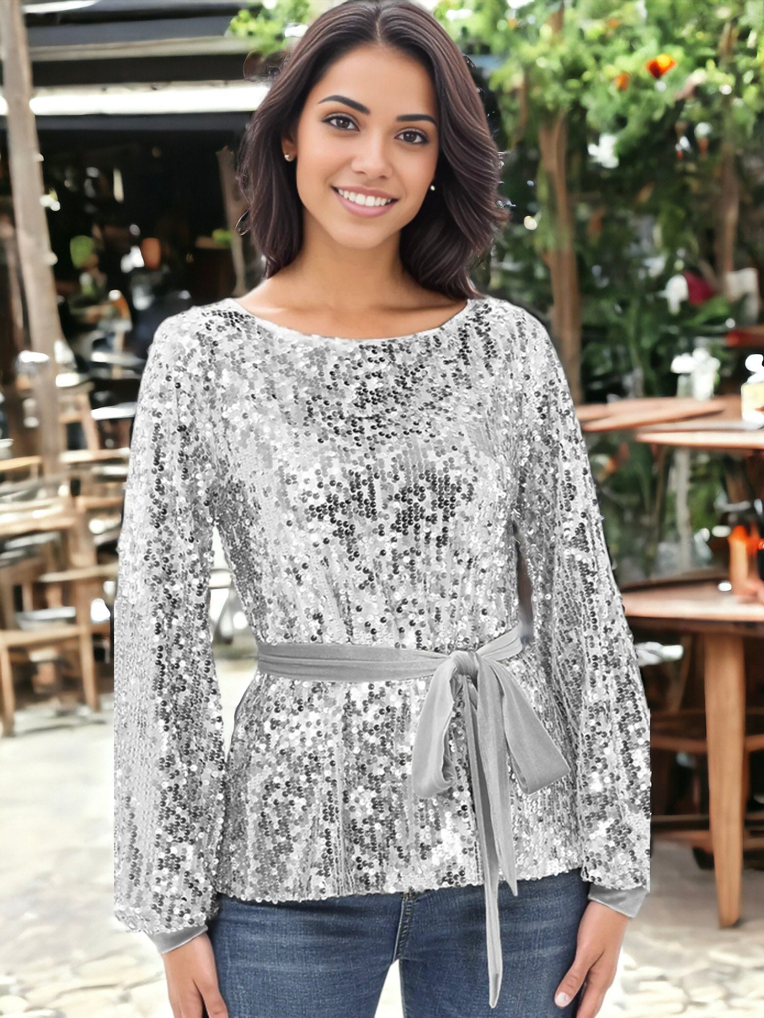 Sequin Party Tie Waist Sweatshirt Pullover Top