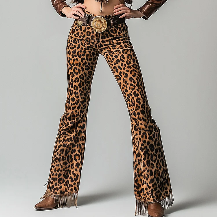 Ursime High Rise Fringe Leopard Flare Leg Pants