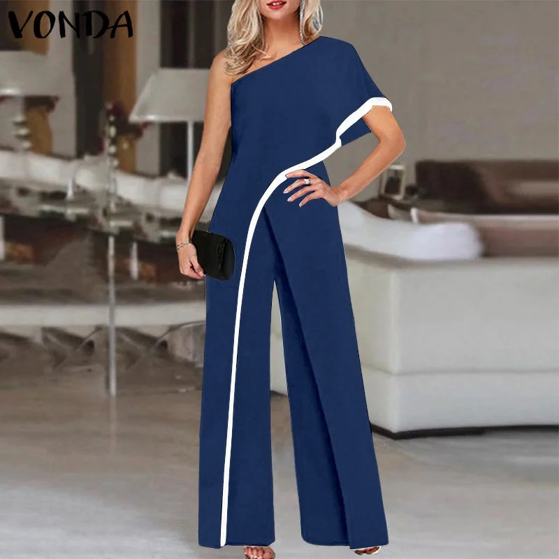 2022 VONDA Women Vintage Wide Leg Rompers Elegant Long Jumpsuits Casual Loose Solid One Shoulder Office Party Overalls Oversized