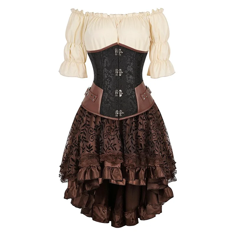 Billionm Corset Dress Pirate Costume for Women Party Costume Steampunk Dress with Corset Plus Size Pirate Corset Dresses Brown