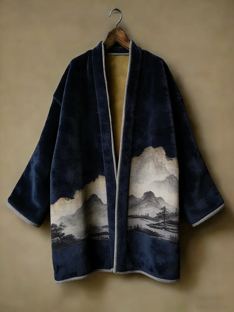 Oriental aesthetic printed flannel embroidered medium and long kimono cardigan