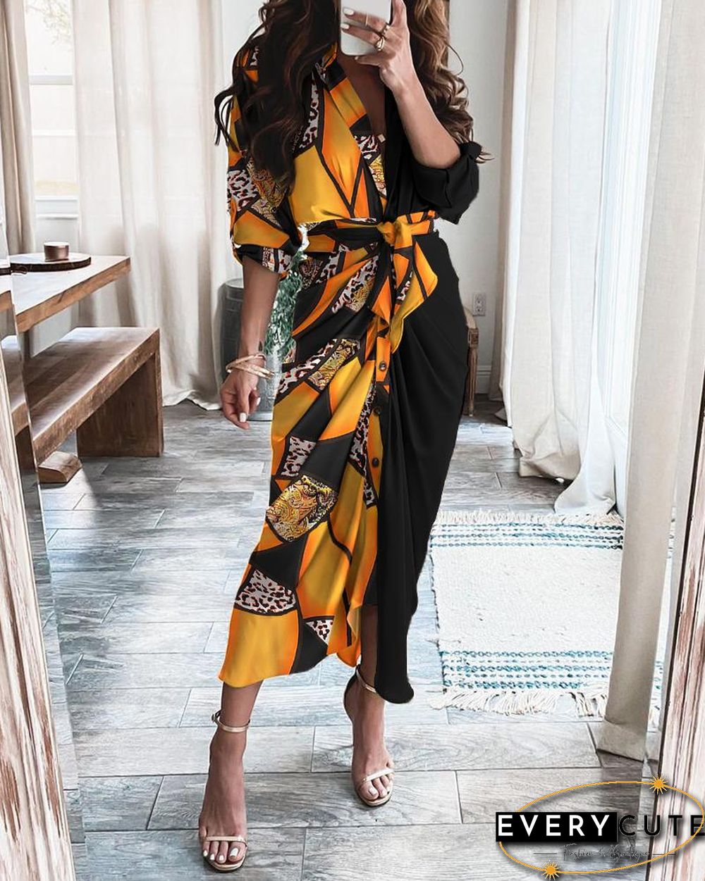 Graphic Print Long Sleeve Strap Slit Shirt Dress