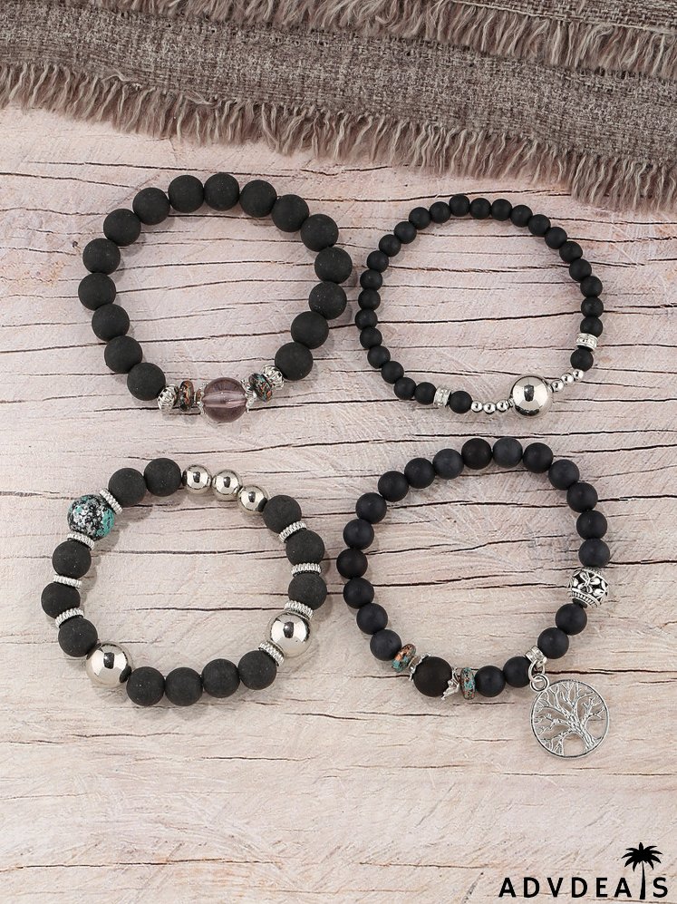 4pcs Tree Detail Round Charm Beaded Bracelet