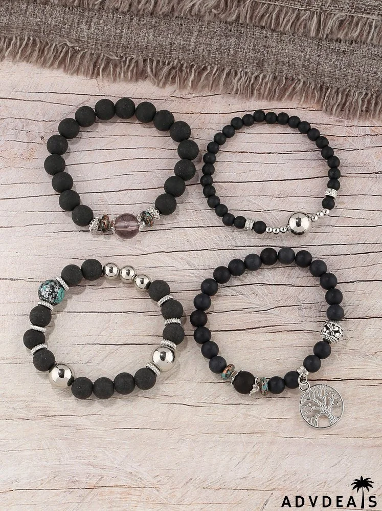 4pcs Tree Detail Round Charm Beaded Bracelet
