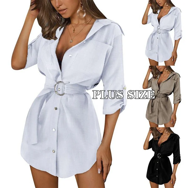 Women Long Sleeve V Neck Pocket Shirt Dress Tunic Top Casual Solid Charade Blouse with Self Belt