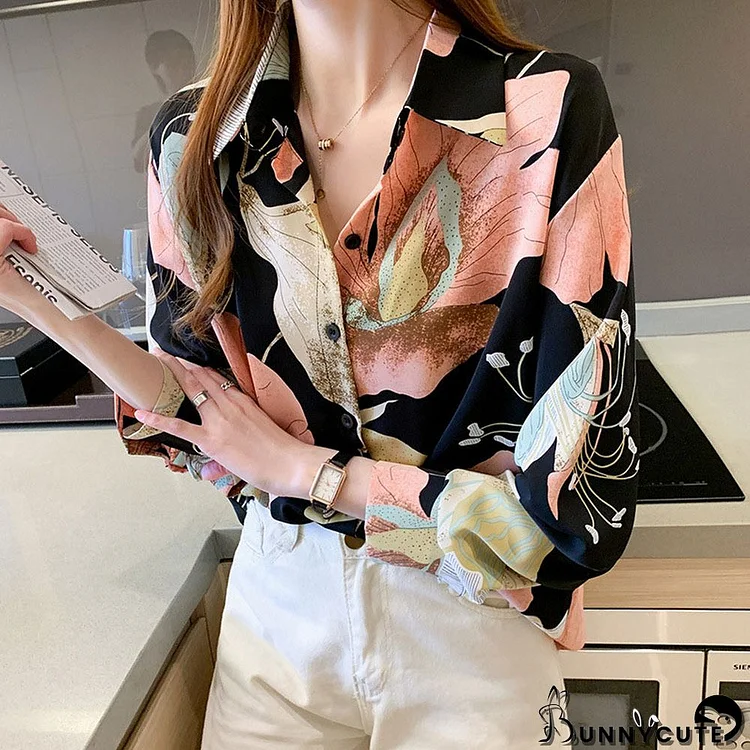 Vintage Flower Print Loose Short Sleeves Chiffon Shirt