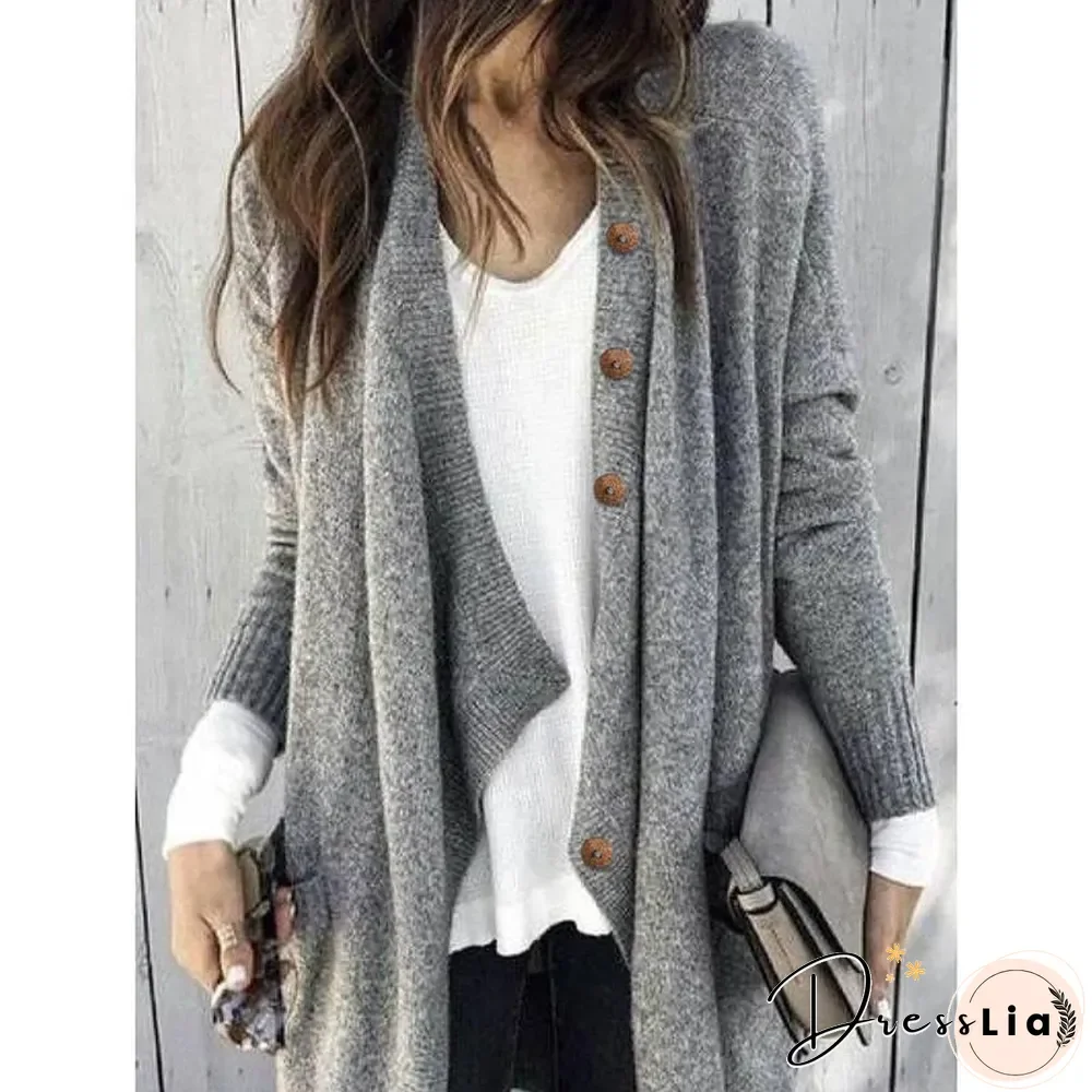 Large Size Solid Color Buttoned Casual Cardigan