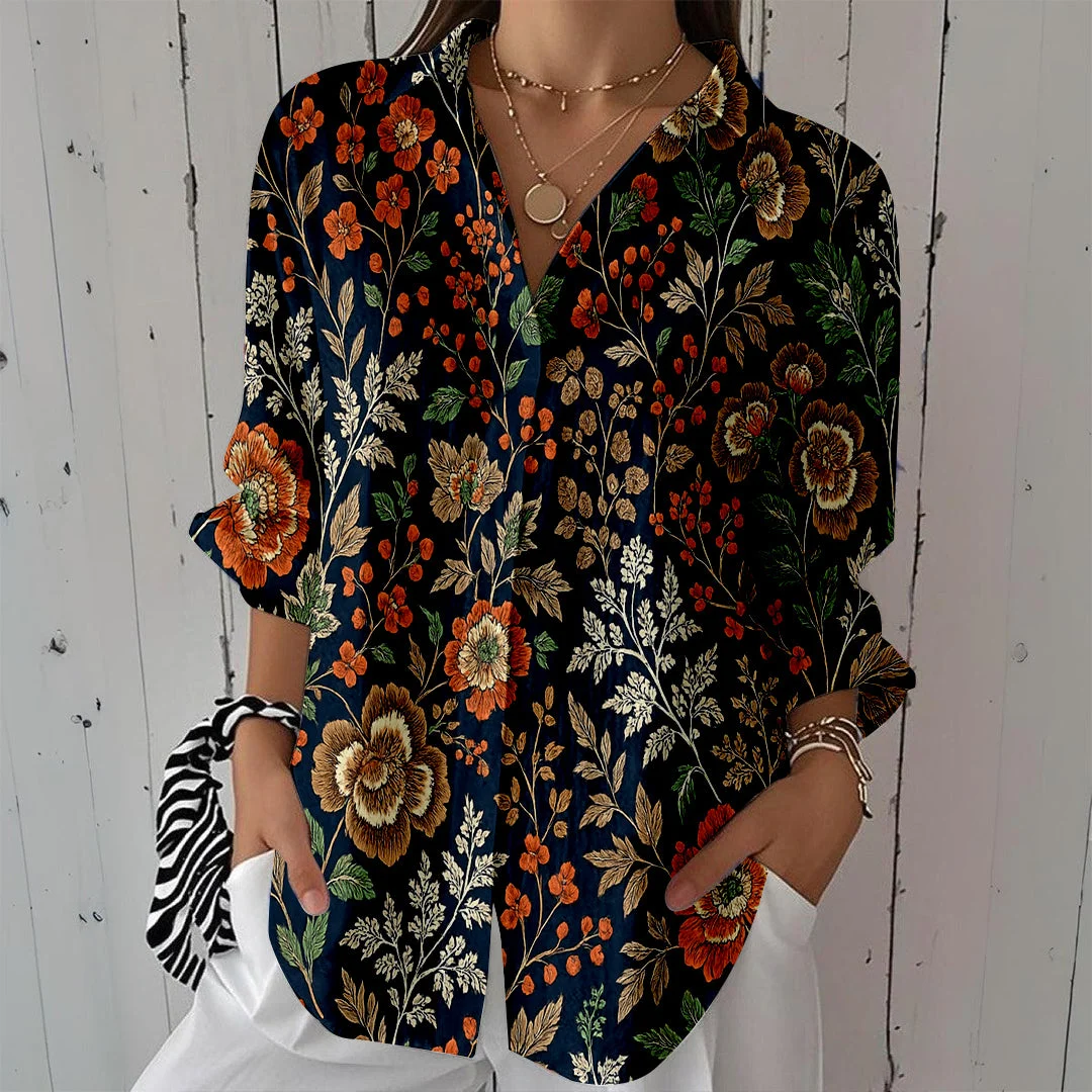 Style & Comfort for Mature Women Women Flowers, Color, Black, Red DZCL0379 3/4 Sleeve Shirt Collar Printed Button Tops