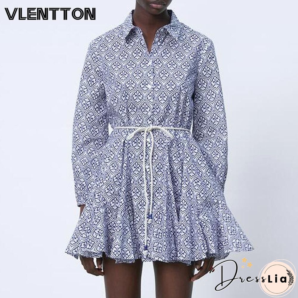 Spring Autumn Women Vintage Print Shirt Dress Casual Lace Up Long Sleeve Elegant A-Line Mini Party Dresses Ladies Vestidos