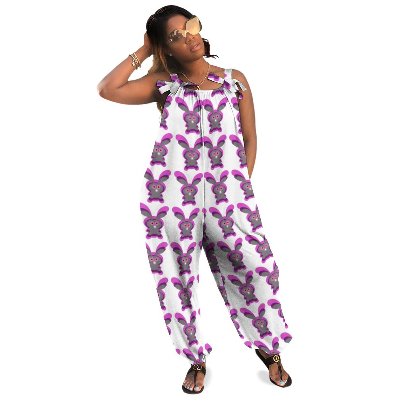 Cute Easter Pink And White Bunnies Plus Size Women Rompers Summer Casual Loose Jumpsuit Size 24 Boho Natural Waist Pockets