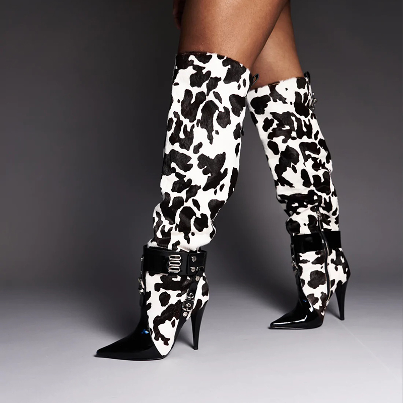 GOOSHOE Animal Print Patent Knee Boots with Pointed Stiletto Heels