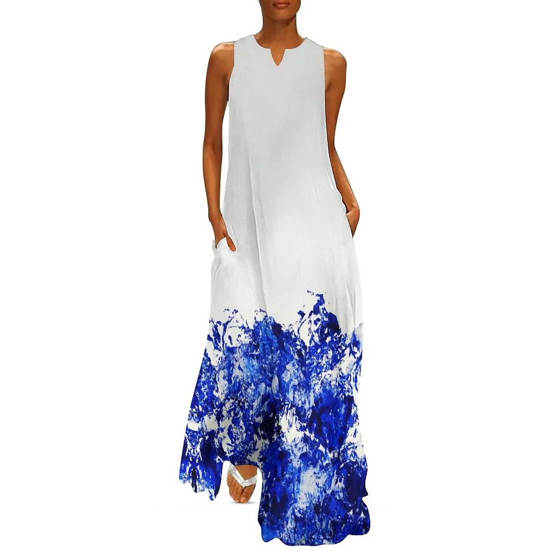 Style & Comfort for Mature Women Plus Size Printed Sleeveless Casual Women Maxi Dress with Pockets in Pattern Blue, Abstract