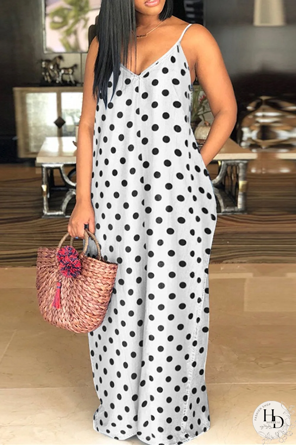 White Sexy Print Split Joint Spaghetti Strap Straight Dresses