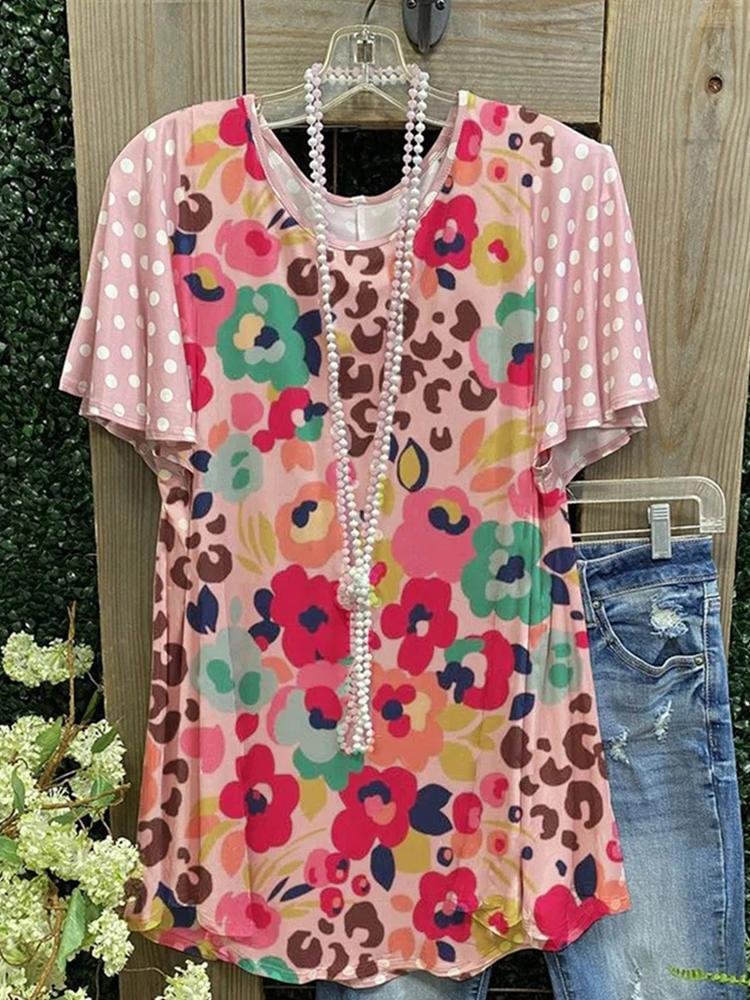 Women's Summer Round Neck Pullover Cotton Floral Sweet Top T-Shirt
