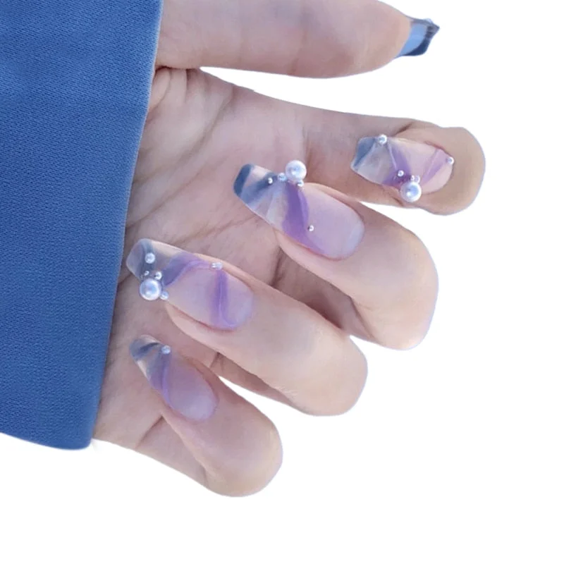 24pcs Ballet Blue and Purple Pearls Press On Nail Glitter Crystal Decor Nail Art Tool Women Full Cover MId-length False Nails-Nail Inspo