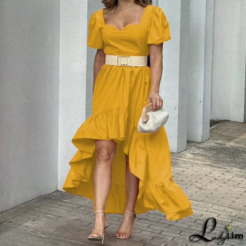 Women Elegant Square Neck Solid Ruffles Dress