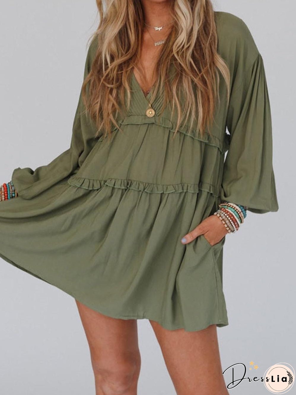Enchanting Green Puff Sleeve Tiered Frill Mini Dress