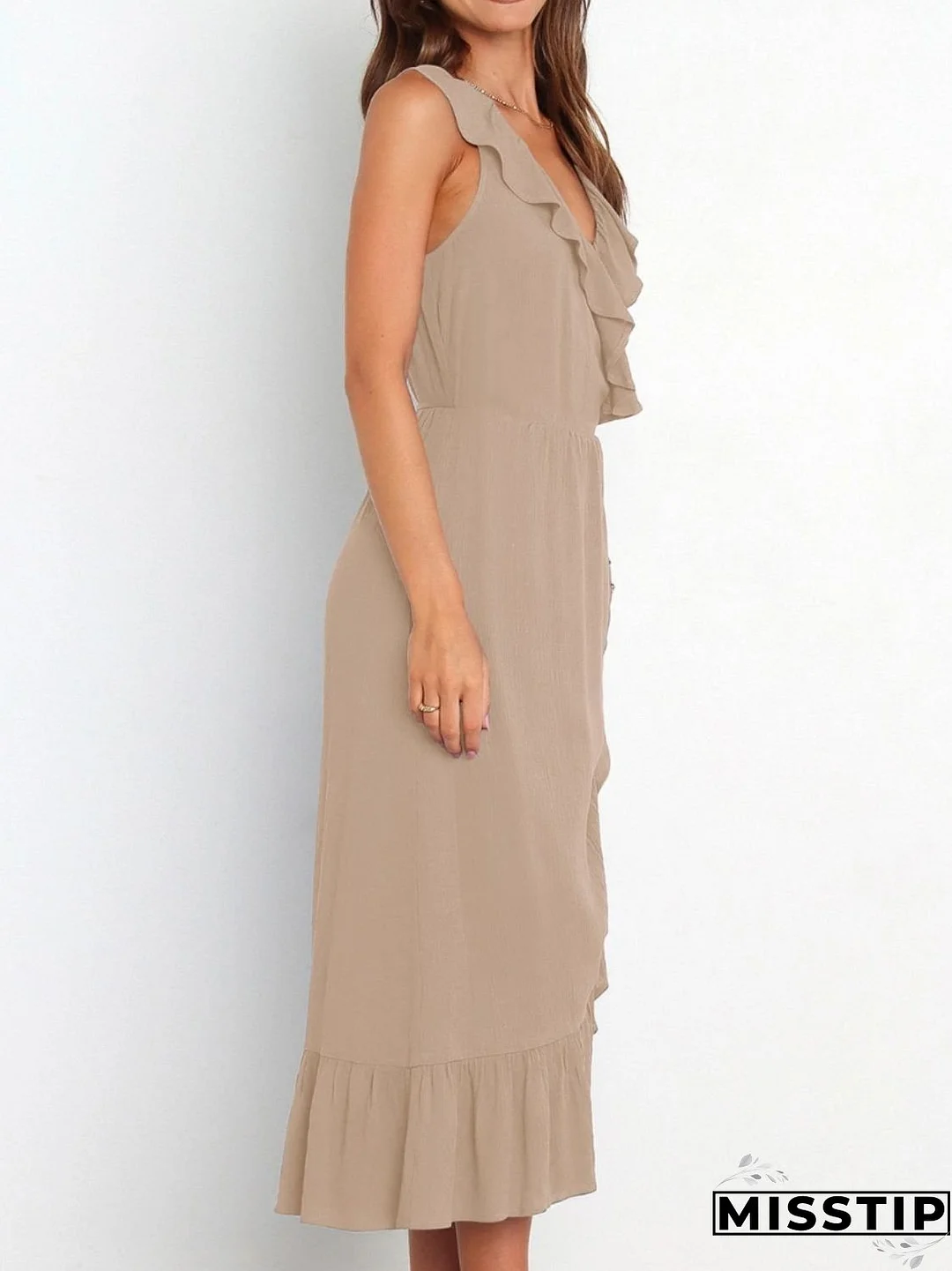 Ruffled Surplice Sleeveless Midi Dress
