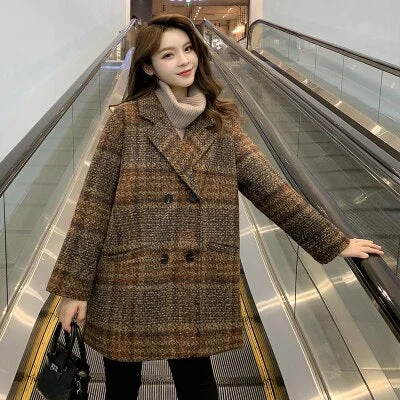 New Women Plaid Wool Blends Coat Winter  Autumn Fashion Elegant  Tweed Woolen Outerwear Female